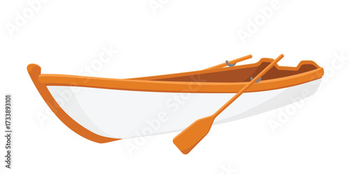 Wooden paddle boat with oars. Cartoon boat. Isolated on white background