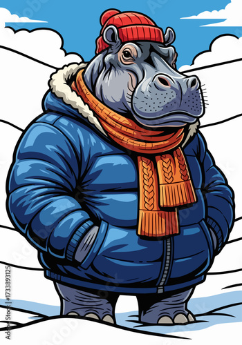 Hippopotamus in winter clothes, featuring gray hippo wearing warm winter attire. Detailed components include puffer jacket, knitted scarf, and beanie, ensuring hippo is warm in cold weather.