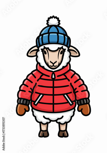 Cute sheep in winter clothes with warm red puffer jacket and blue bobble hat. Sheep dressed in winter clothes enjoys cold weather, wearing cozy mittens.