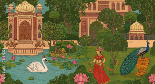Enchanting Indian Garden Scene with Princess, Swan, Peacock and Temple Illustration