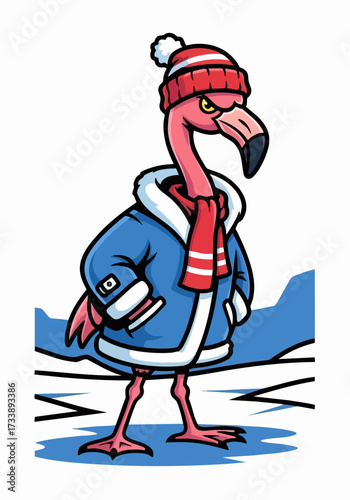 Illustration of flamingo in winter clothes with pompom hat and scarf on light background. Flamingo is bundled up in winter clothes, looking serious, as a cute animal character wearing warm blue coat.