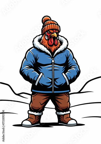 Cartoon rooster in winter clothes standing on a snowy hill wearing a knit cap and a winter coat with fur trim. This rooster is dressed for winter, in a warm outfit,