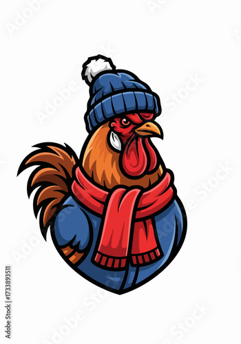 Cartoon rooster with winter clothing, wearing a blue hat and a red scarf on plain white background. Winter clothing protects against cold weather.