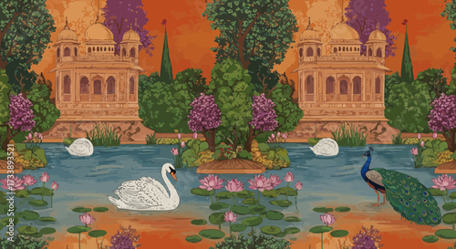 Enchanting Mughal Inspired Landscape with Swans Lotus Flowers and a Peacock