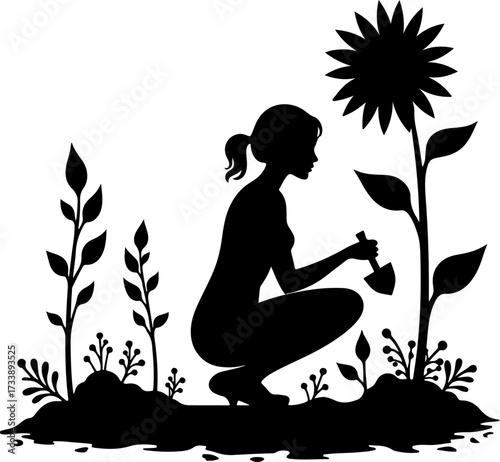 Woman Gardening with Sunflower Silhouette