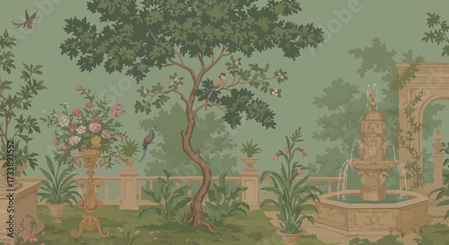 Enchanting vintage botanical garden wallpaper with architectural details and whimsical birds