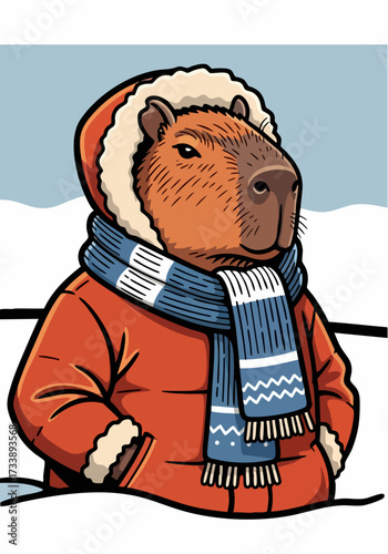 Capybara in winter clothing with orange parka and blue scarf in snowy landscape. Capybara dressed warmly protects from the cold with its trendy apparel.