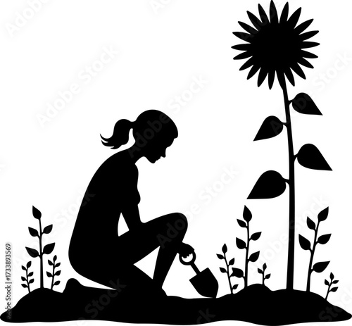 Woman Gardening with Sunflower Silhouette