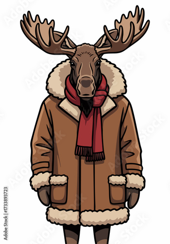 Moose in winter clothes with warm coat and red scarf on plain background. Moose wearing winter clothes keeps warm in cold weather, dressed in fashionable attire.