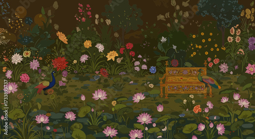Exotic garden tapestry with peacocks, lotuses, and ornamental bench evoking serenity