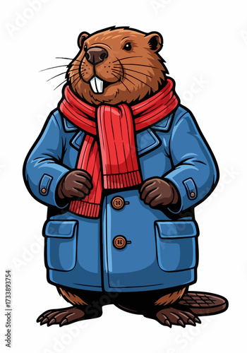 Cartoon beaver illustration with red scarf and coat with buttons. Cute beaver cartoon is dressed in winter apparel, providing warmth and style for cold weather.