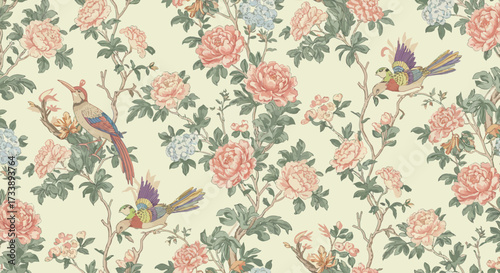 Floral Wallpaper with Birds and Blossoms: A Vintage Inspired Design