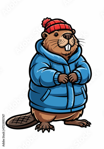 Cartoon beaver in winter clothes stands isolated on white, dressed warmly in puffer jacket and red knit cap. Wearing winter clothes, cartoon beaver looks cozy in cold season,