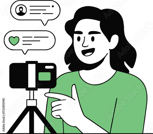 Vector art of a cheerful woman is recording a video for her blog, she is smiling and pointing at the phone, the phone is on a tripod