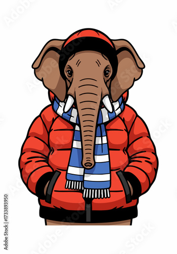Elephant in winter clothes illustration showcasing a cute cartoon elephant wearing a cozy red winter coat, blue scarf, and matching hat, standing upright.