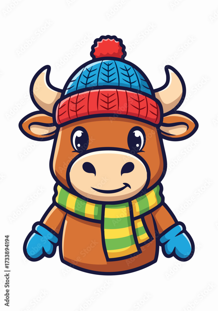 Fototapeta premium Cartoon cow wearing winter clothes, adorned with a knitted hat and scarf, displays its charm. Cartoon cow in winter clothes looks cozy and ready for cold weather.