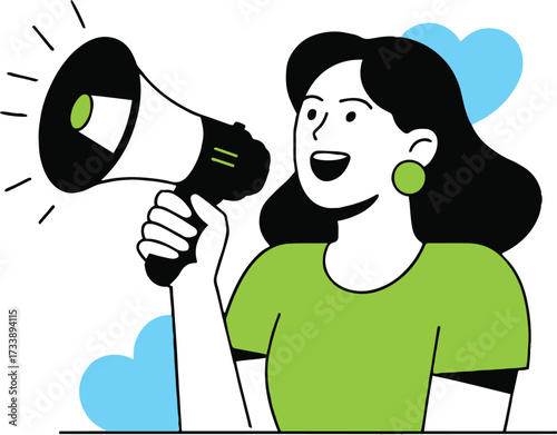 Vector art of a woman is holding a megaphone, she is wearing a green shirt and smiling, making an announcement