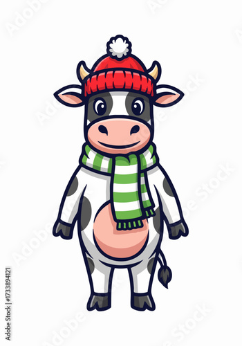 Cartoon cow illustration wearing a winter outfit of red hat and green scarf. Cute cartoon cow isolated on white, dressed warmly in winter apparel, perfect for holiday designs.