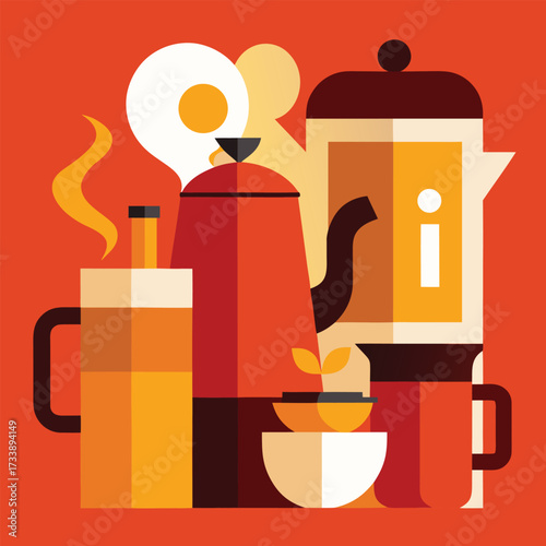 Collection of coffee and tea pots with cups and a bowl of plants
