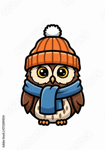 Cartoon owl illustration shows cute animal wearing winter clothes and an orange bobble hat. Illustration of cartoon owl includes a blue scarf around neck, standing against simple white background.