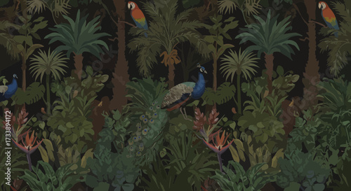 Lush tropical forest illustration with peacocks and parrots in exotic paradise