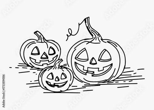 A set of funny and scary pumpkins drawn in line art style.