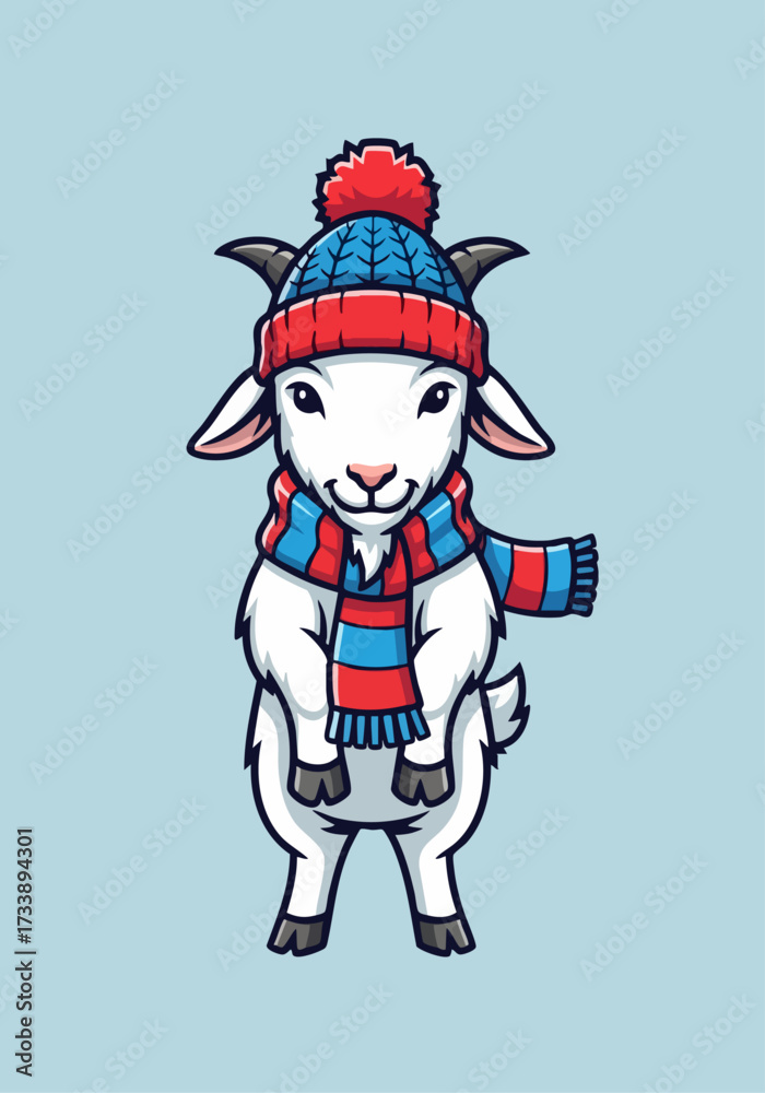 Fototapeta premium Cartoon goat wearing winter clothes with blue and red scarf and hat. Winter clothes are festive and cozy, with charming goat character standing upright.