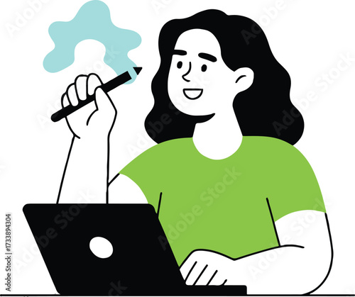 Vector art of a woman is working on her laptop, she is smiling and holding a pen, she is wearing a green tshirt and has black hair