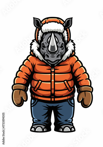 Rhino in winter clothing cartoon displays rhinoceros dressed warmly in orange hooded winter jacket, jeans, and mittens.