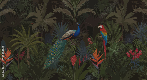 Lush tropical rainforest scenery with vibrant birds and exotic vegetation