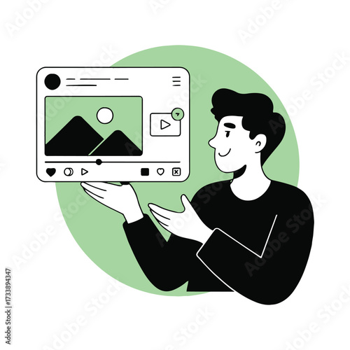Vector art of a man is holding a social media interface, he is wearing a black tshirt and has black hair and a green circle