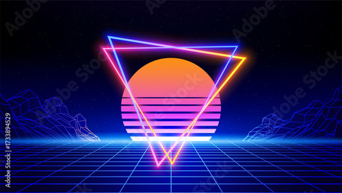 Retro futuristic abstract background. Synthwave 80s style poster. Neon triangle, 3d laser grid, sun, moon, wireframe mountain. Music template. Starry sky background, mesh floor. Vector