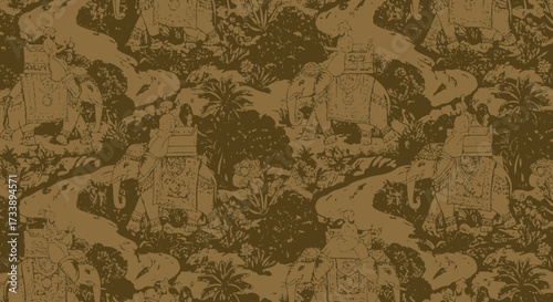Monochrome vintage wallpaper featuring elephants and landscapes from Asia