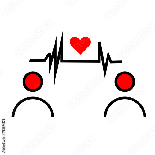 Simple graphic depicting two figures connected by a heartbeat line and a heart.