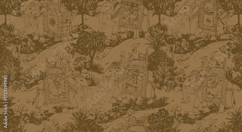Vintage elephant procession pattern evoking historical indian travel themes