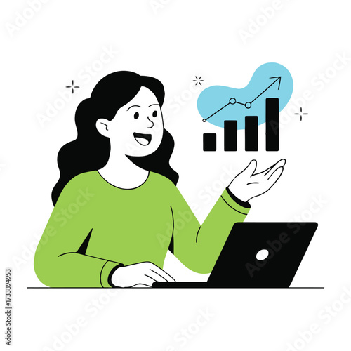 Vector art of a cheerful woman in a green sweater presents a positive growth chart on her laptop, she is smiling and pointing at the graph