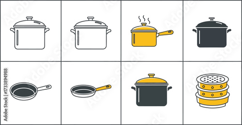 Pot pans, cooking pots, frying pans, and a steamer basket kitchen cookingware items vector illustration. 