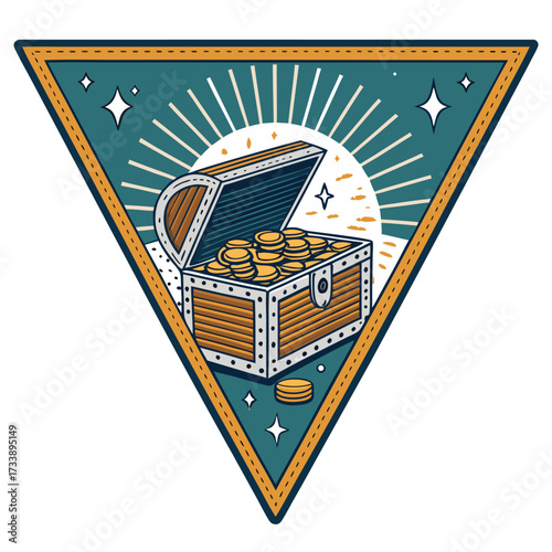 A treasure chest overflowing with gold coins inside a triangle.