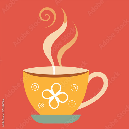 Yellow patterned teacup with steam rising against a red background