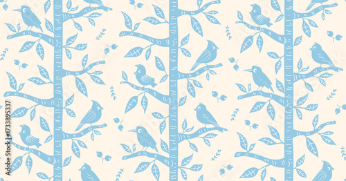 scandi block print woodland trees and cute birds stripes seamless pattern  in soft baby blue and cream, vector illustration  hand drawn nordic forest repeat design print