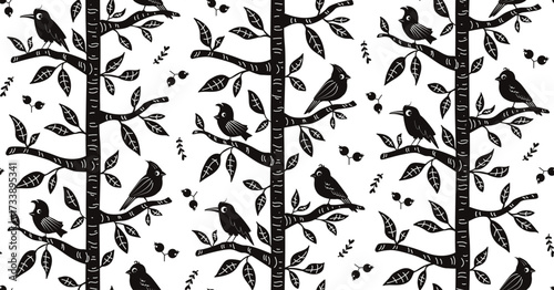 scandi block print woodland trees and cute birds stripes seamless pattern  in black and white, hand drawn nordic forest repeat design print