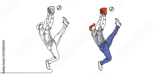 Vector illustration of a baseball player making a high jump catch with a glove, showing action, skill, and athletic movement, competition themes, and baseball artwork emphasizing energy