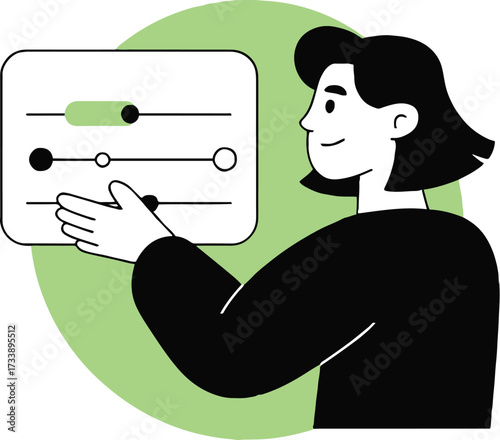 Vector art of a woman is adjusting the settings on a digital interface, showcasing control and customization