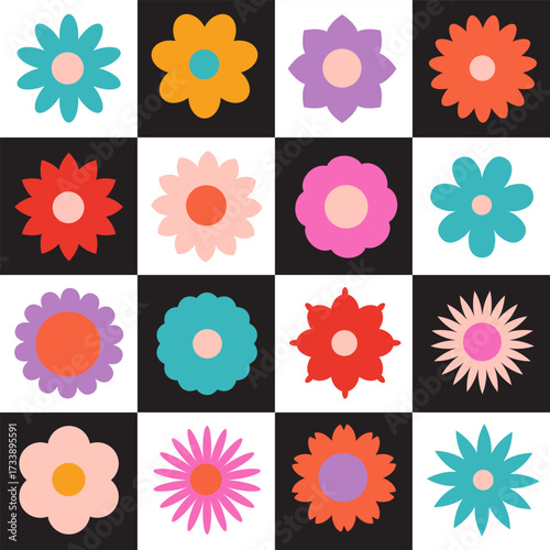 colorful groovy funky  geometric flower heads blooms in chess checkerboard, bold bright retro mid mod seamless pattern, vector illustration repeat design print