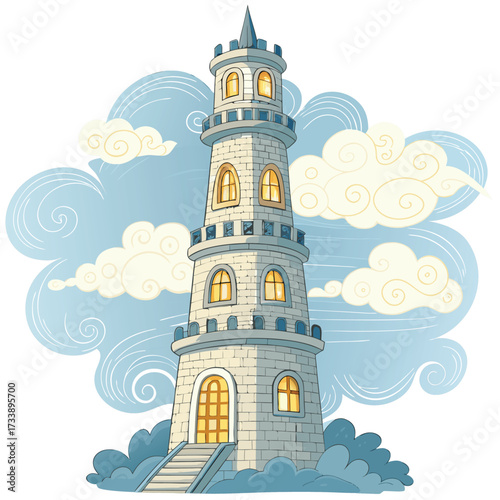 A whimsical lighthouse tower stands tall amidst stylized clouds and wind.