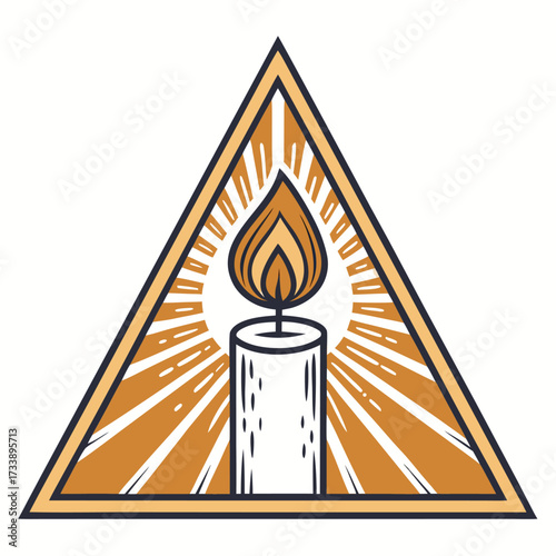 A stylized illustration of a burning candle within a triangle, radiating light.