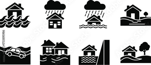 Flood emergency risk icons set