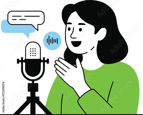 Vector art of a cheerful woman with black hair is recording a podcast with a microphone, speech bubble, and sound wave