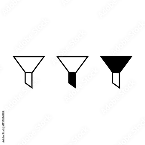 This image displays three variations of a funnel icon, a symbol of filtering. The icons are isolated on a white background, providing a clean and adaptable visual.
