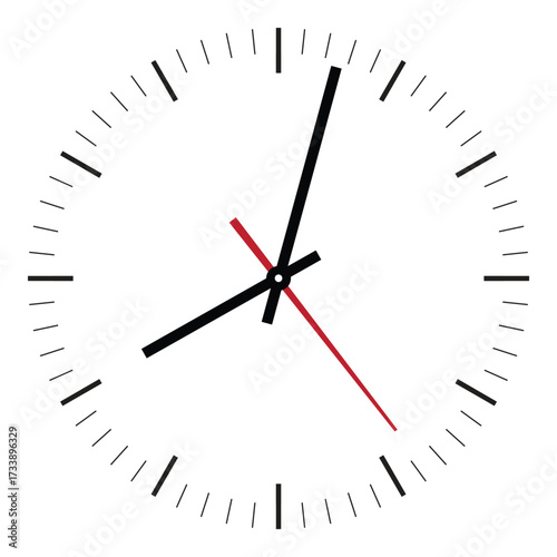 Elegant wall clock, isolated on white background. Clock on wall shows eight o'clock. Slim round analog clock